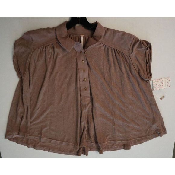 Free People OB1102105 Women's Sz XS Brown Lowdown Henley Oversized Linen Top $78 - Picture 8 of 10